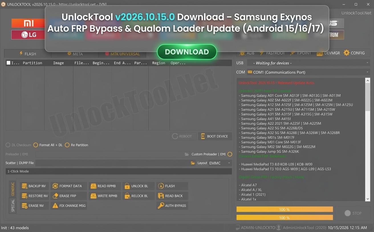 UnlockTool v2026.10.15.0 Download – Samsung Exynos Auto FRP Bypass & Qualcomm Loader Update (Android 15/16/17)